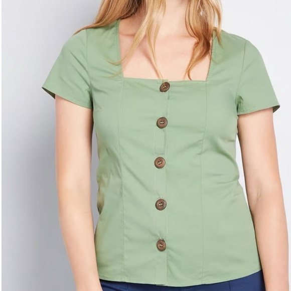 ModCloth Cottage Curation Square Neck Top Green Button Front Tie Back S NWT - Picture 2 of 7